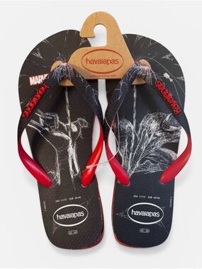 NWT Black Flip Flops with Red Straps and Marvel Spider-Man Sketch